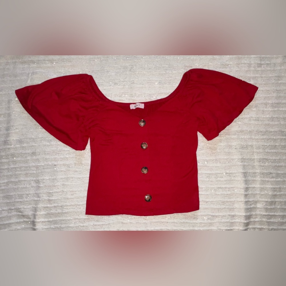 Red Blouse Tight Fitted Puff Sleeves by Love J